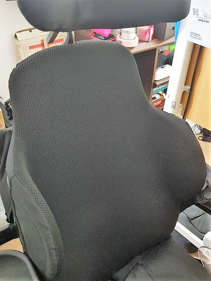 The backrest of my electric wheelchair, with bits sticking out which contour round my torso to support it better