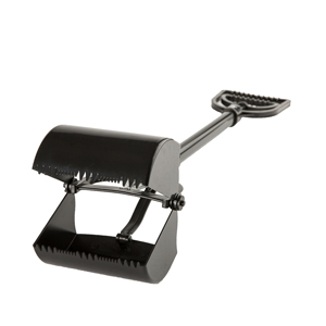 The image shows a black poop scoop shovel. The jaws are open, and the bucket is at the front of the picture, with the handle extending backwards up the picture.