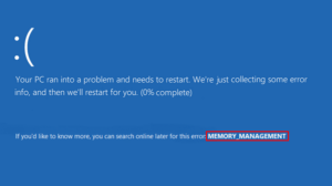 Windows Blue Screen of Death (shown when a computer crashes). The error given is "memory management"