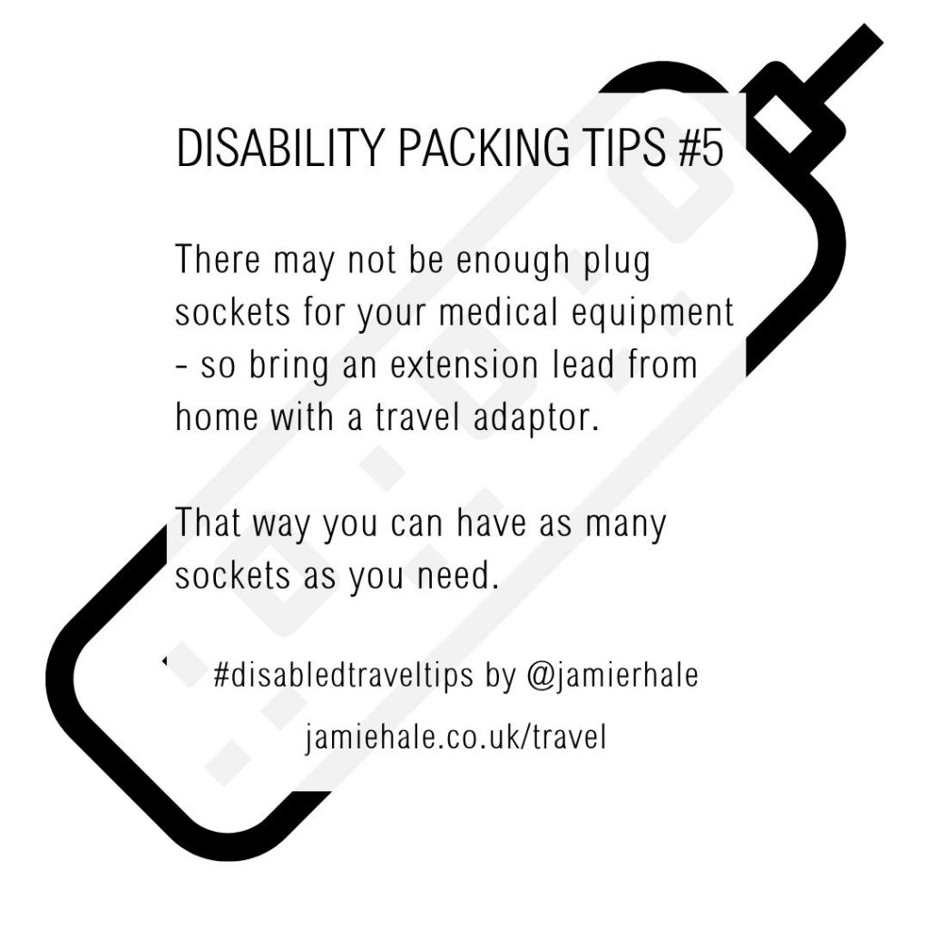 Superimposed on top of an illustration of an extension lead is the text "Disability Packing Tips #5. There may not be enough plug sockets for your medical equipment - so bring an extension lead from home with a travel adaptor. That way you can have as many sockets as you need. #DisabledTravelTips by @jamierhale jamiehale.co.uk/travel"