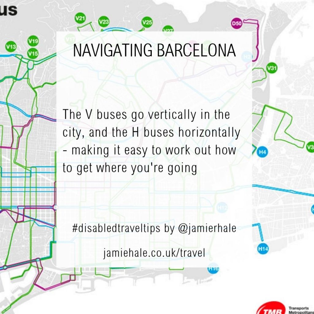 Superimposed on top of a diagram of the Barcelona bus routes is the text "Navigating Barcelona, the V buses go vertically and the H buses horizontally, making it easy to work out how to get where you're going, #DisabledTravelTips by @jamierhale jamiehale.co.uk/travel"