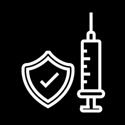 a shield logo next to a needle and a syringe