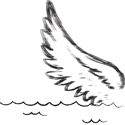 Pencil-drawn wings above a pencil-drawn sea