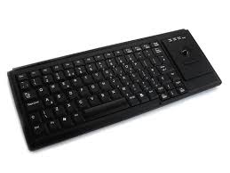 A black keyboard with a black trackerball at the far right end