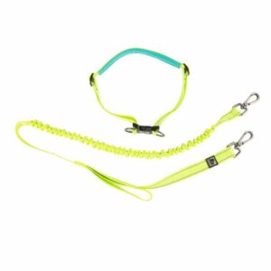 The image shows a jogging lead, which is bright yellow against a white background. It is in two parts. The higher part is yellow and turquoise, and is fastened in a circle. This is the belt part of the lead. The lower part is the lead, doubled over to run from right to left and back again. It has metal carabiner-style clips at both ends. The upper part of the lead is wiggly, as it is elasticated, while the lower part has an extra loop on it for one's hand.