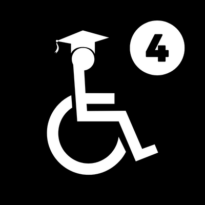 A wheelchair symbol wearing a graduation hat and the number 4