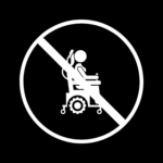 Black background with a white electric wheelchair in a circle with a diagonal line through it