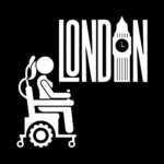 Black background with a graphic of an electric wheelchair user and the word London