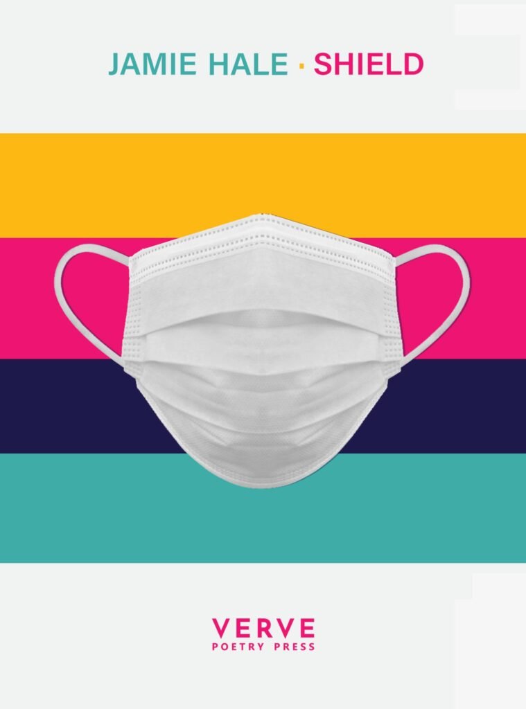 The cover of Shield by Jamie Hale, a white book with coloured stripes, and a surgical mask in front of the coloured stripes.
